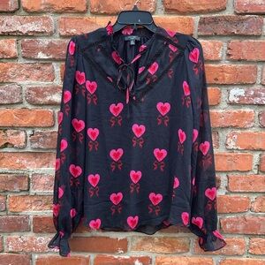 Haver London Black Red Heart Print Long Sleeve Blouse Lined Crochet Ruffle M